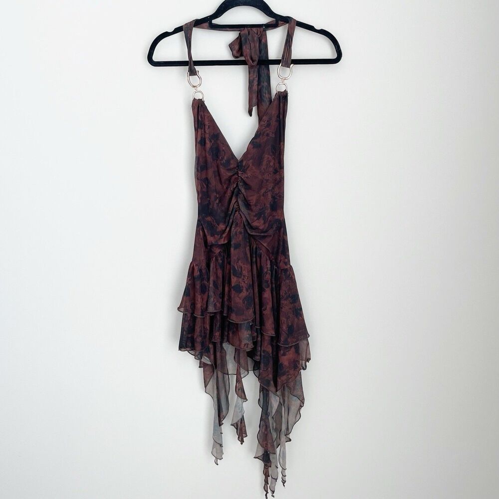 Urban Outfitters Size S Brown V Neck Y2K Dress Waterfall Boho Flowy Mini